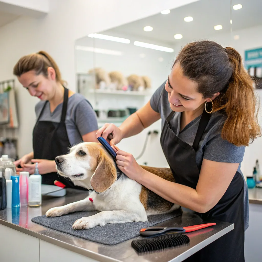 Pet salon staff providing grooming services to a dog