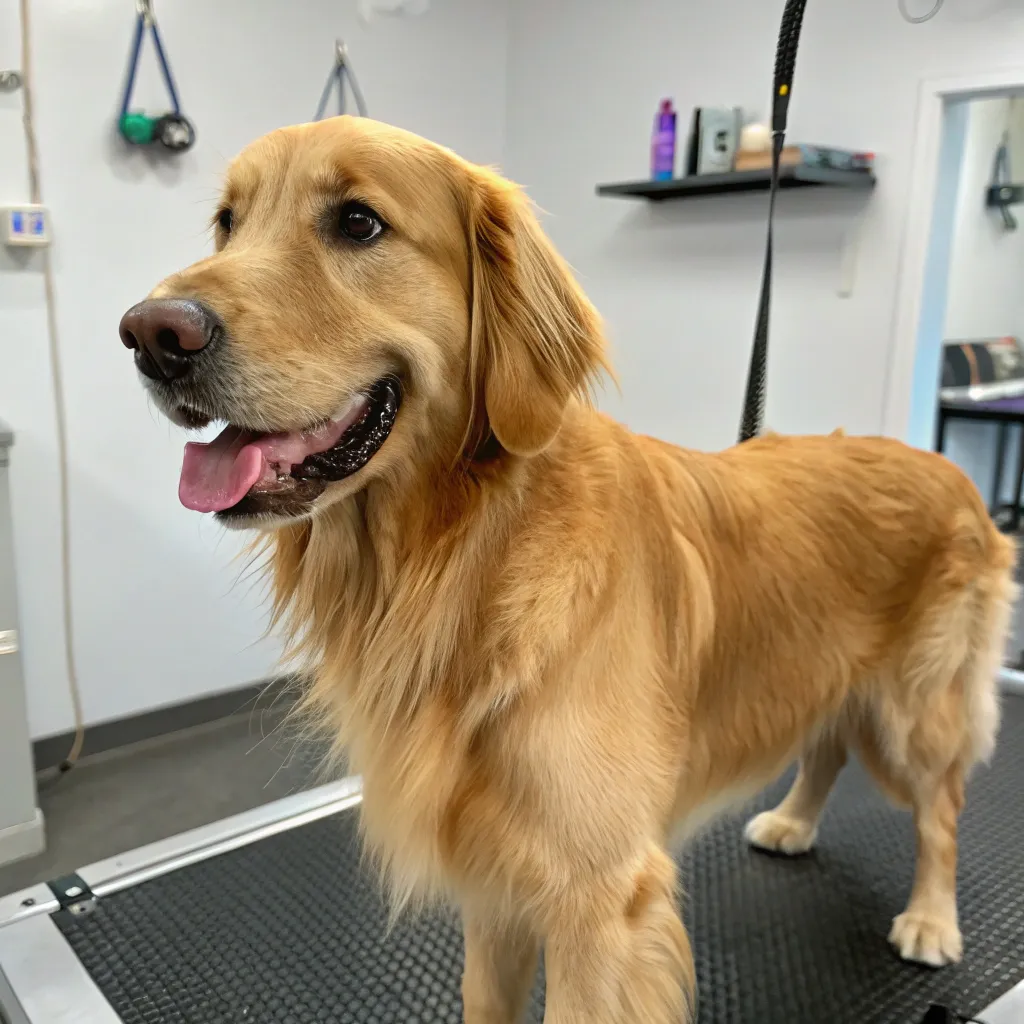 Golden Retriever Bella after grooming at ZYLVERION